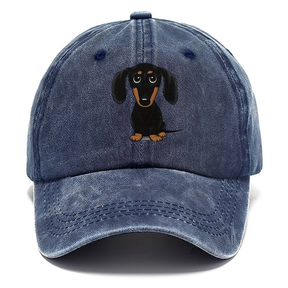 Blue baseball cap with a dachshund illustration on a white background
