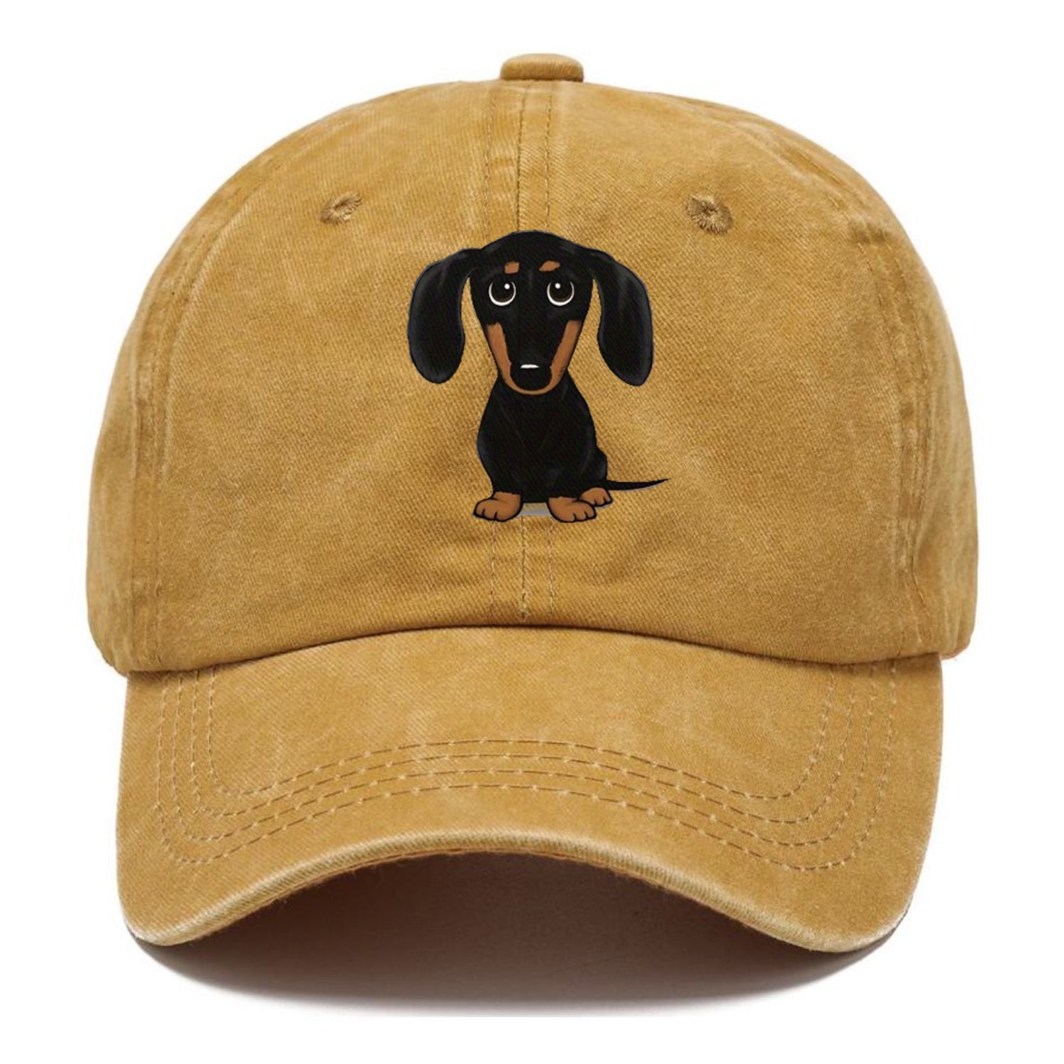 Yellow cap with a dachshund illustration on a white background
