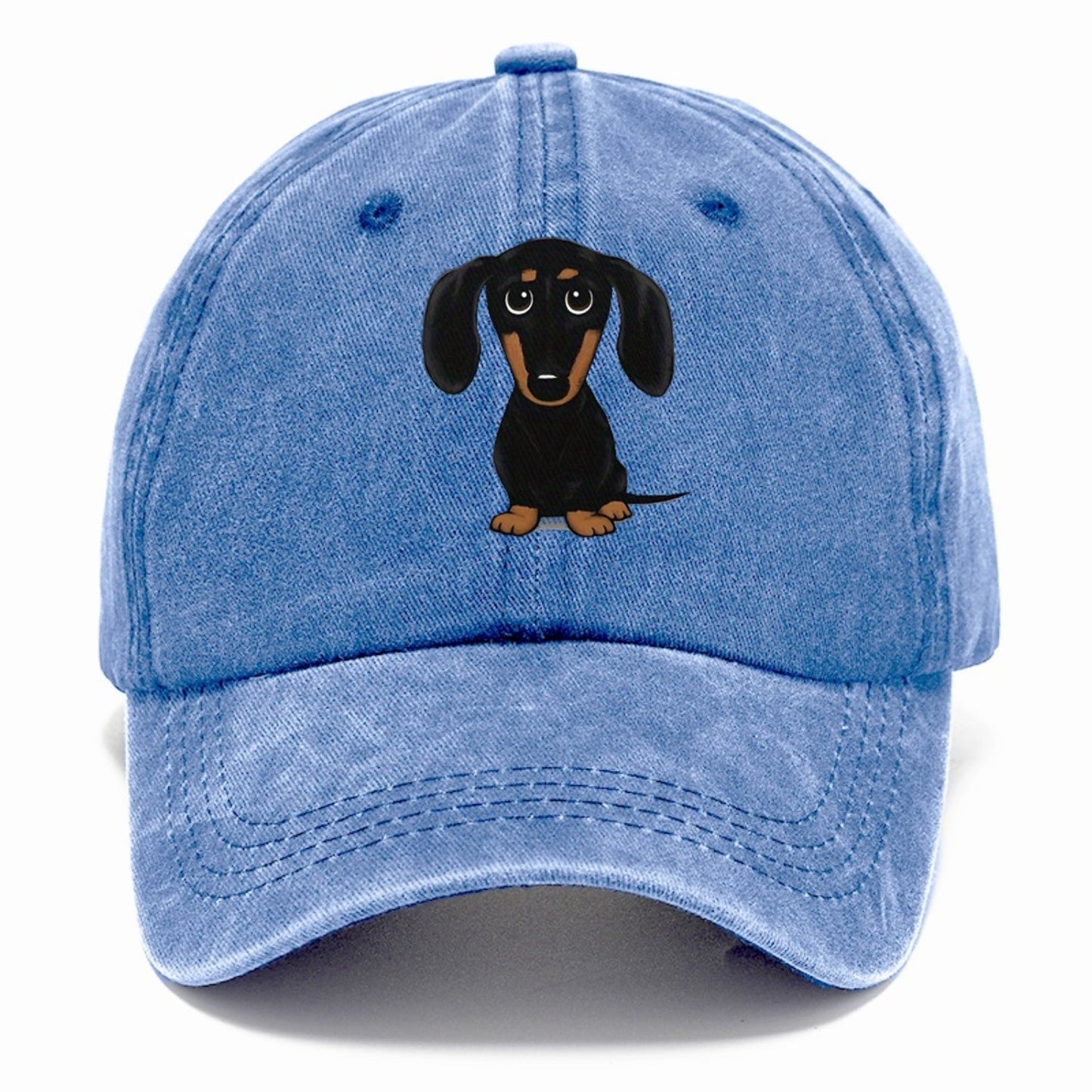 Blue cap with a dachshund illustration on a white background