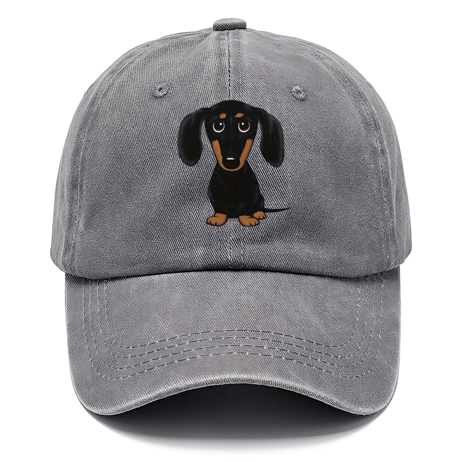 Gray cap with a dachshund illustration on a white background