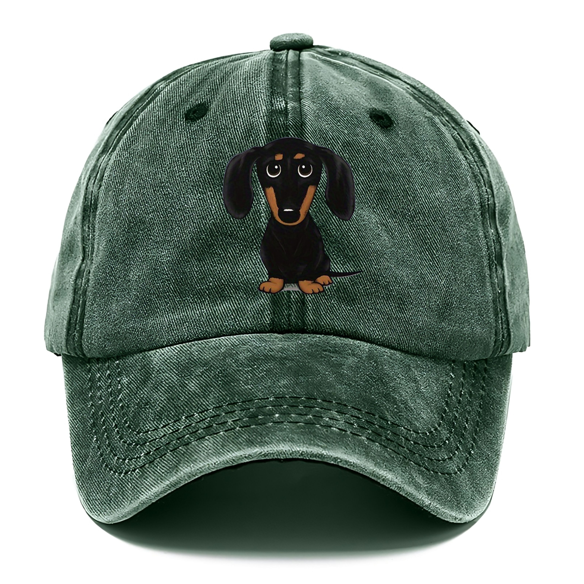 Green cap with a dachshund illustration on a white background