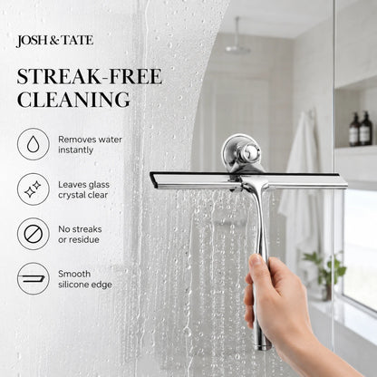Josh & Tate - ClearSwipe™ Chrome Shower Squeegee Set - Hand using a glass cleaning tool on a shower door with product features listed.