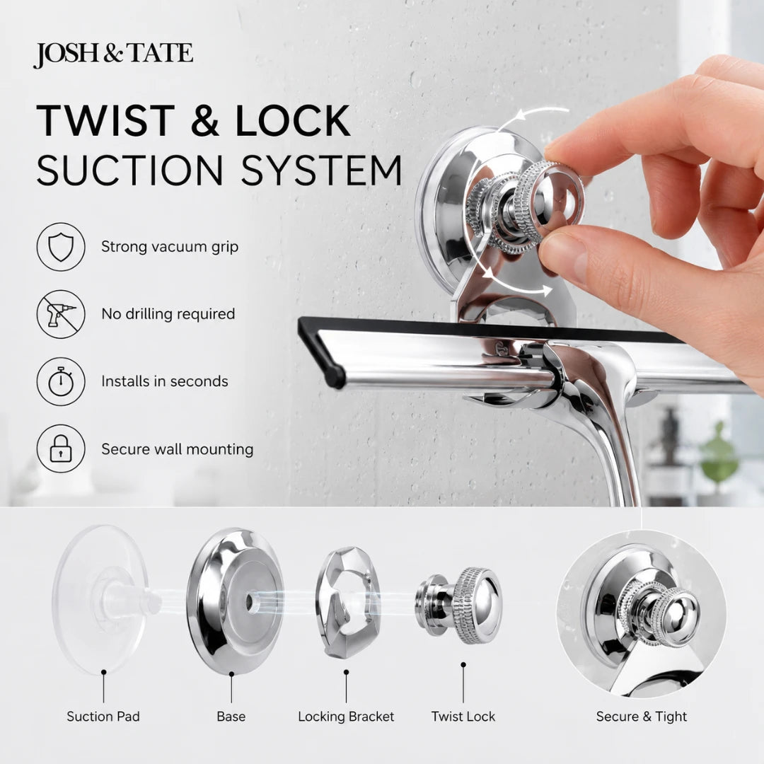 Josh & Tate - ClearSwipe™ Chrome Shower Squeegee Set - Advertisement for Josh & Tate twist and lock suction system with a hand demonstrating its use.