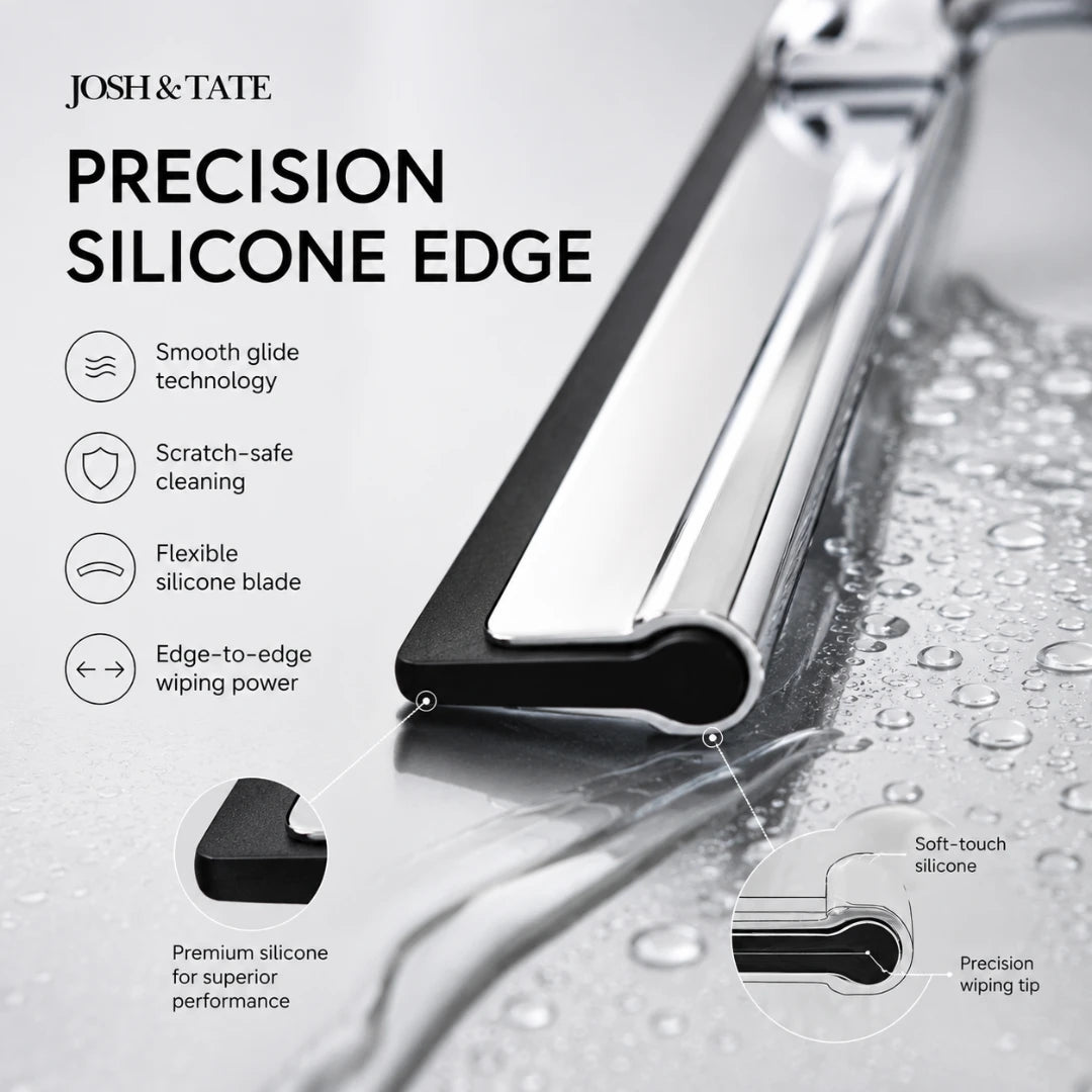 Josh & Tate - ClearSwipe™ Chrome Shower Squeegee Set - Squeegee with 'Josh & Tate' branding and features listed on a gray background