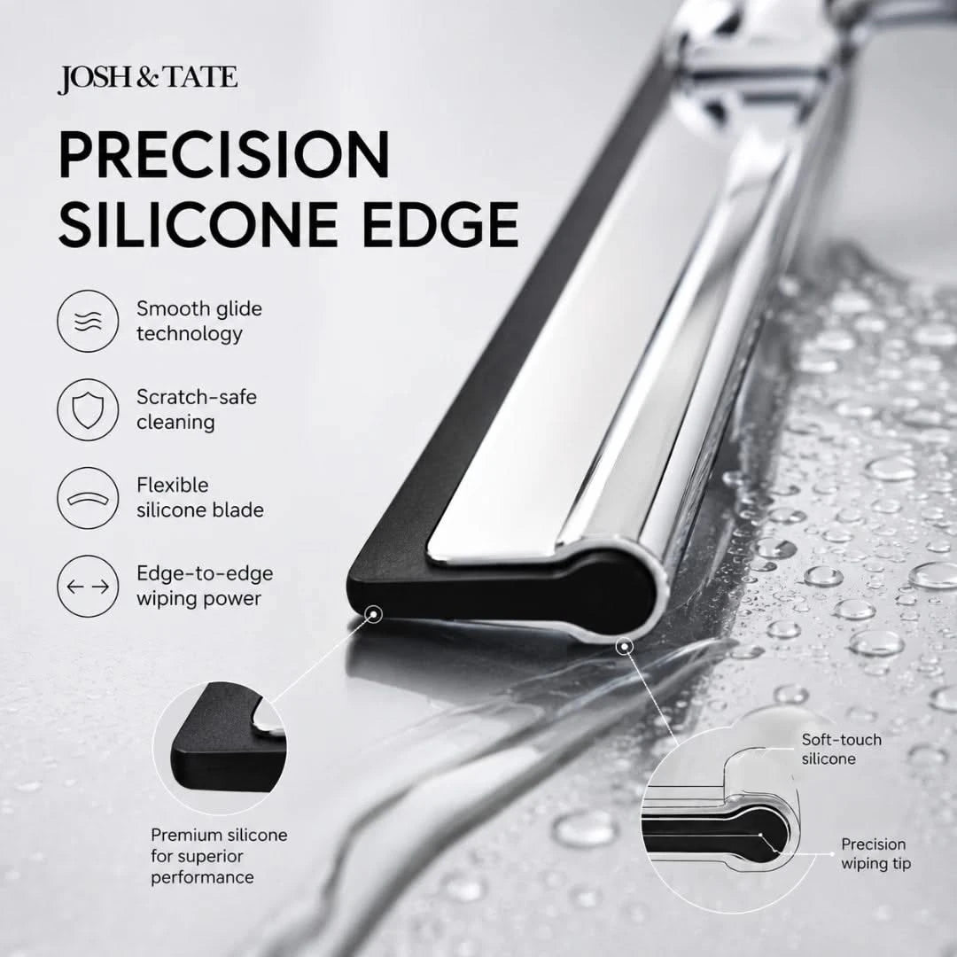 Josh & Tate - ClearSwipe™ Chrome Shower Squeegee Set - Squeegee with 'Josh & Tate' branding and features listed on a gray background