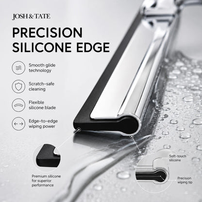 Josh & Tate - ClearSwipe™ Chrome Shower Squeegee Set - Squeegee with 'Josh & Tate' branding and features listed on a gray background