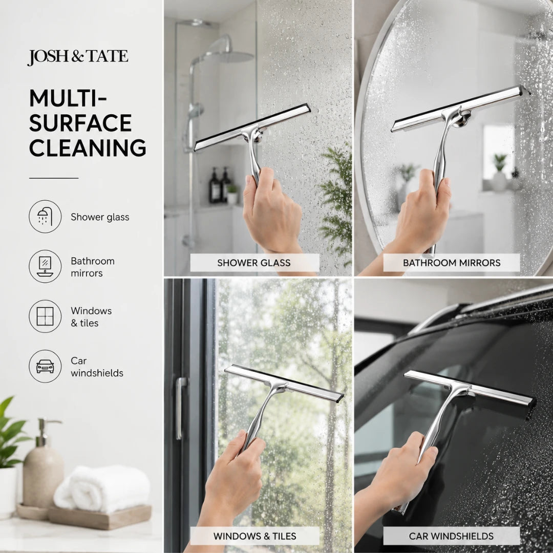 Josh & Tate - ClearSwipe™ Chrome Shower Squeegee Set - Multi-surface cleaning tool being used on shower glass, bathroom mirrors, windows, and car windshields with Josh & Tate branding.