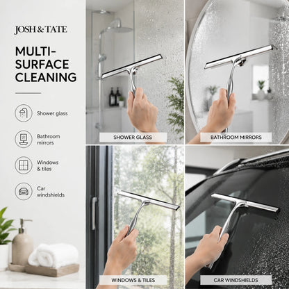 Josh & Tate - ClearSwipe™ Chrome Shower Squeegee Set - Multi-surface cleaning tool being used on shower glass, bathroom mirrors, windows, and car windshields with Josh & Tate branding.
