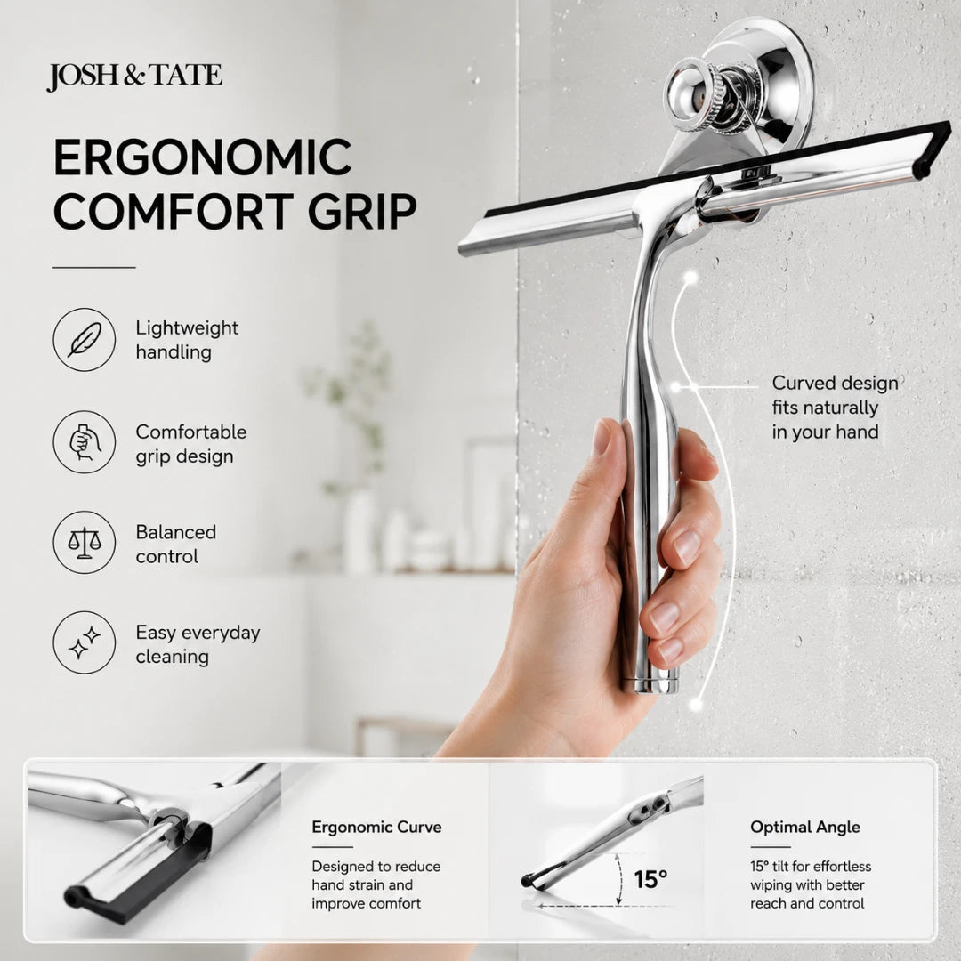 Josh & Tate - ClearSwipe™ Chrome Shower Squeegee Set - Shower head with ergonomic comfort grip held by a hand, featuring Josh & Tate branding.