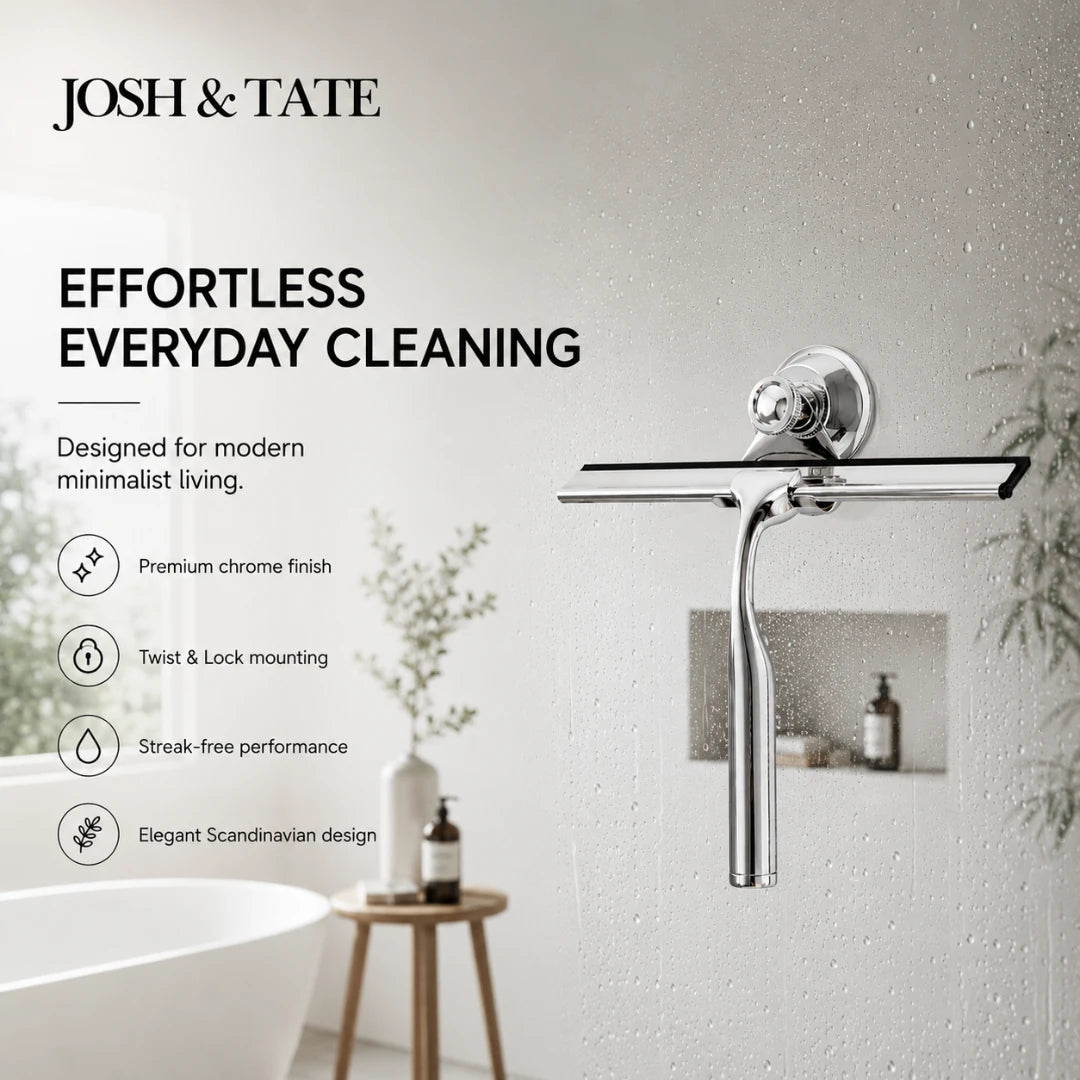 Josh & Tate - ClearSwipe™ Chrome Shower Squeegee Set - Chrome shower head and control panel with 'Josh & Tate' branding and product features listed.