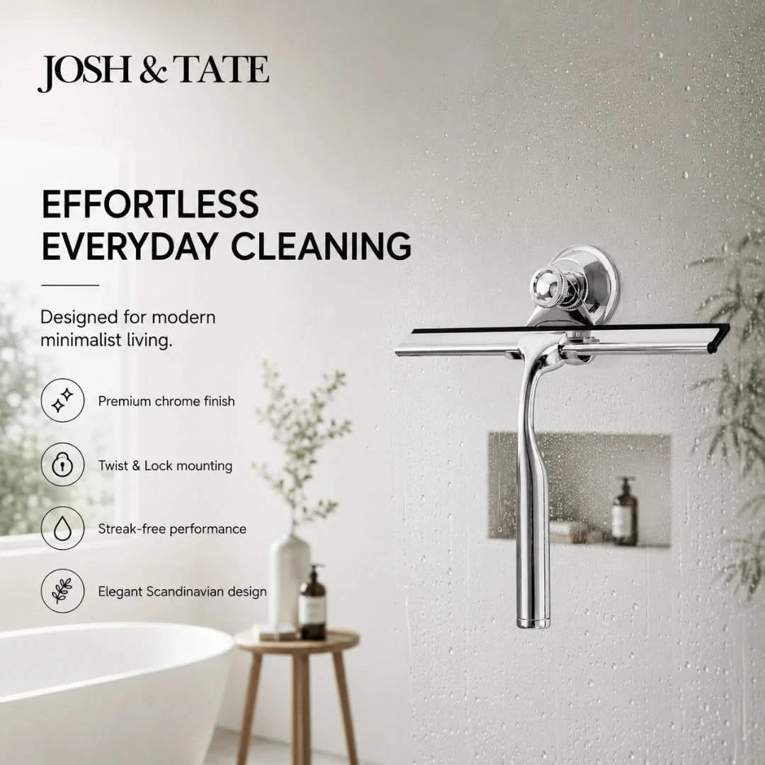 Josh & Tate - ClearSwipe™ Chrome Shower Squeegee Set - Chrome shower head and control panel with 'Josh & Tate' branding and product features listed.