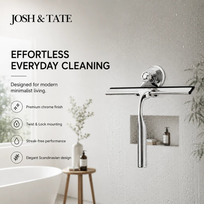 Josh & Tate - ClearSwipe™ Chrome Shower Squeegee Set - Chrome shower head and control panel with 'Josh & Tate' branding and product features listed.