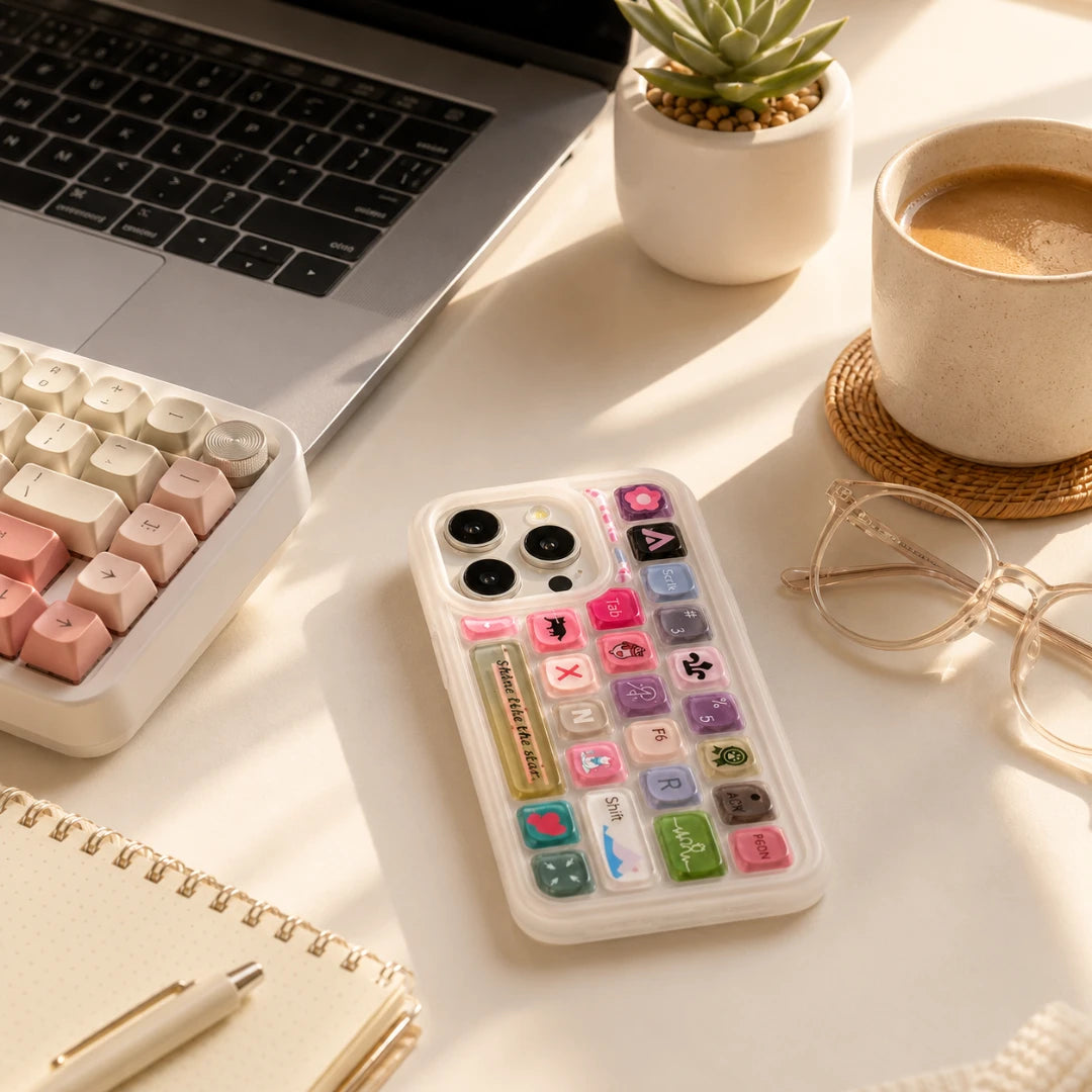 Josh & Tate - 
ClickPod™ Keycap Phone Case
  - A clear phone case decorated with colorful retro calculator buttons and a gold-toned display panel, shown on a desk beside a laptop, keyboard, coffee cup, glasses, and notebook.