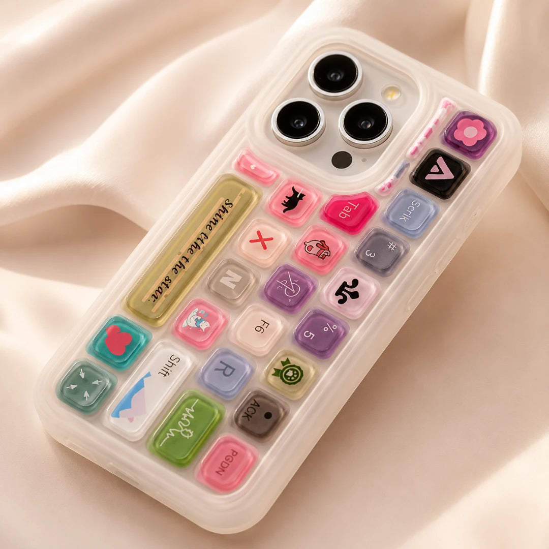 Josh & Tate - 
ClickPod™ Keycap Phone Case
  - A translucent phone case with a 3D retro calculator design, featuring colorful buttons in pink, purple, green, blue, and gold, displayed on a soft beige fabric background.