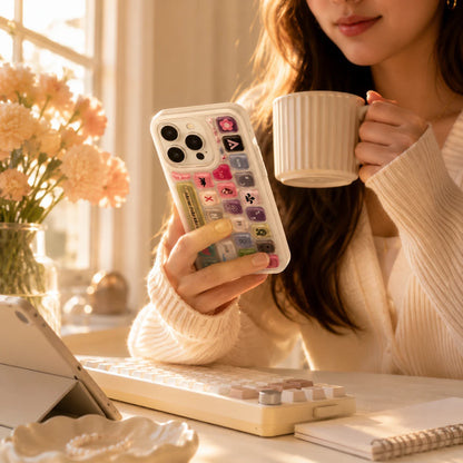 Josh & Tate - 
ClickPod™ Keycap Phone Case
  - A woman in a cream knit sweater holds a white phone case decorated with colorful cartoon-style icons, while sitting at a desk and drinking from a beige mug. A keyboard, tablet, flowers, and notebook are visible in a warm, sunlit indoor setting.