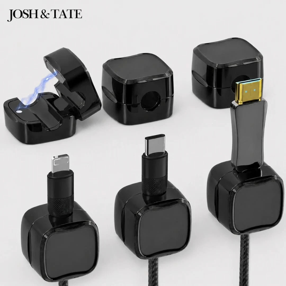 Josh & Tate - ClipCube™ Magnetic Cable Organizer - Set of black electronic connectors with charging cables on a white background, featuring the brand 'Josh & Tate'.