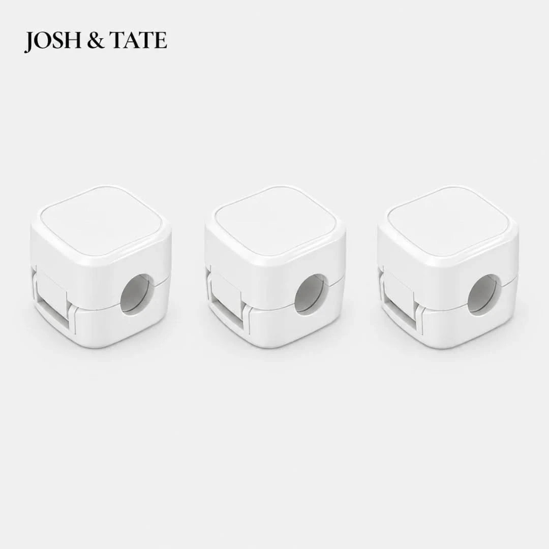 Josh & Tate - ClipCube™ Magnetic Cable Organizer - Three white pencil sharpeners on a light gray background with 'JOSH & TATE' branding.