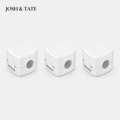 Josh & Tate - ClipCube™ Magnetic Cable Organizer - Three white pencil sharpeners on a light gray background with 'JOSH & TATE' branding.