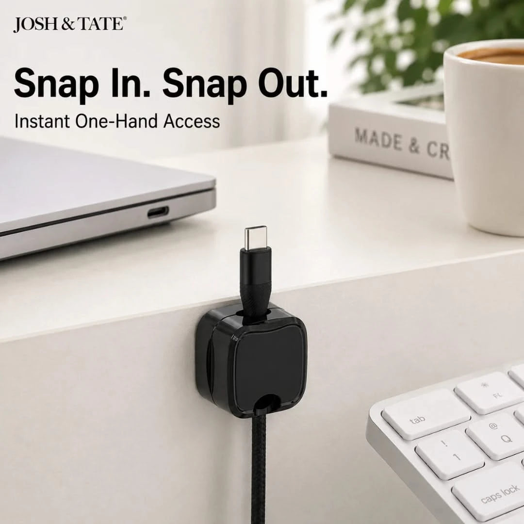 Josh & Tate - ClipCube™ Magnetic Cable Organizer - Black USB adapter on a desk with laptop, keyboard, and coffee cup in the background.