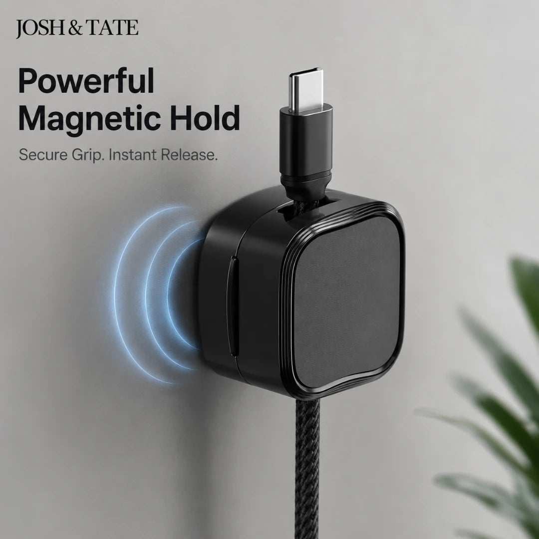 Josh & Tate - ClipCube™ Magnetic Cable Organizer - Black magnetic charging cable with 'Josh & Tate' branding on a gray background