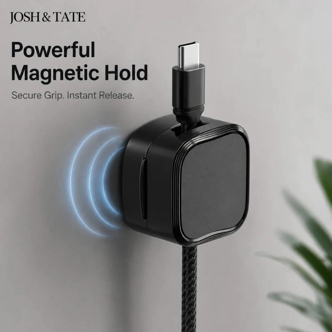 Josh & Tate - ClipCube™ Magnetic Cable Organizer - Black magnetic charging cable with 'Josh & Tate' branding on a gray background