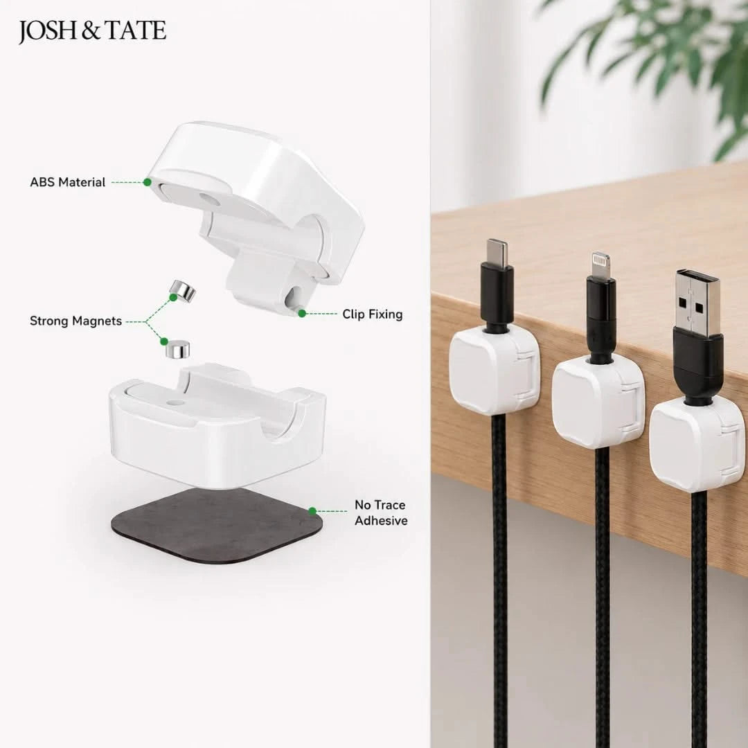 Josh & Tate - ClipCube™ Magnetic Cable Organizer - Cable management system with USB cable holder and features highlighted on a white background.