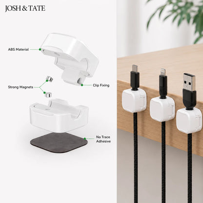 Josh & Tate - ClipCube™ Magnetic Cable Organizer - Cable management system with USB cable holder and features highlighted on a white background.