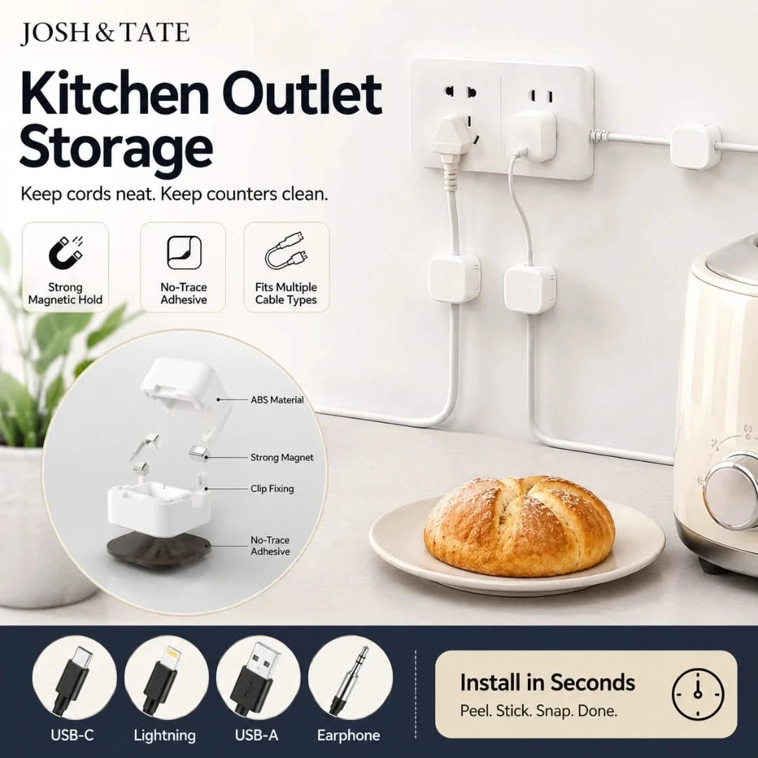 Josh & Tate - ClipCube™ Magnetic Cable Organizer - Kitchen outlet storage solution with cable management on a countertop.