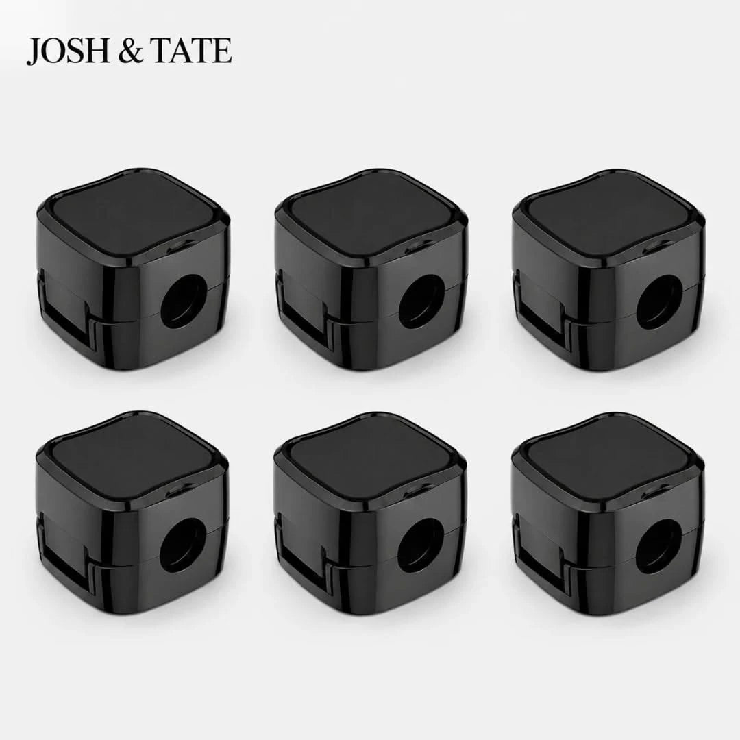 Josh & Tate - ClipCube™ Magnetic Cable Organizer - Six black pencil sharpeners on a white background with 'JOSH & TATE' branding.