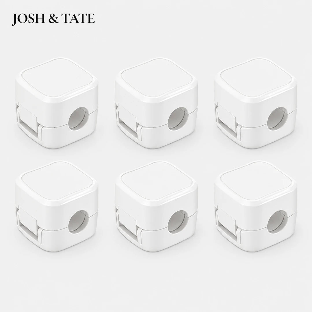 Josh & Tate - ClipCube™ Magnetic Cable Organizer - Six white pencil sharpeners arranged in two rows on a light gray background with 'JOSH & TATE' branding.