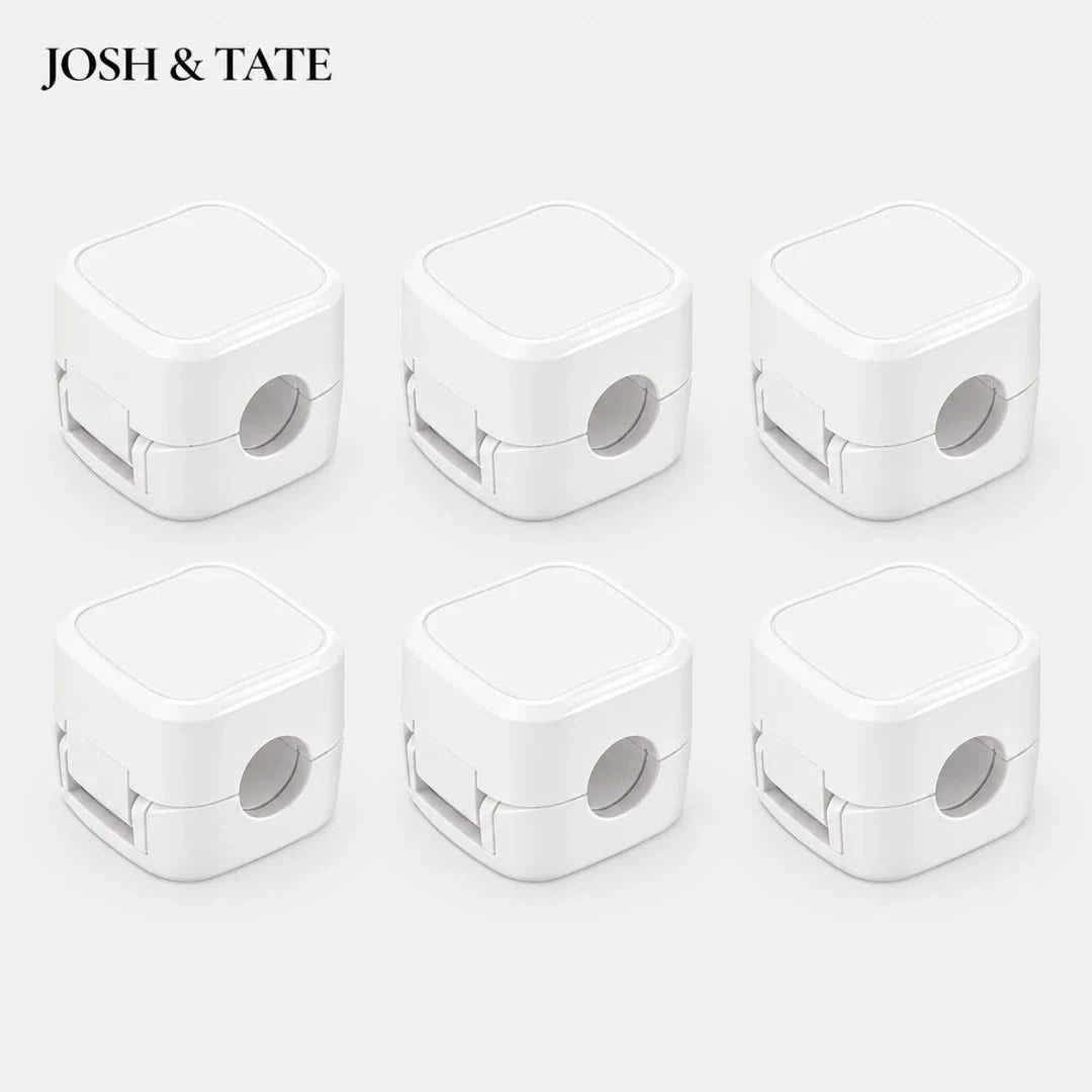 Josh & Tate - ClipCube™ Magnetic Cable Organizer - Six white pencil sharpeners arranged in two rows on a light gray background with 'JOSH & TATE' branding.