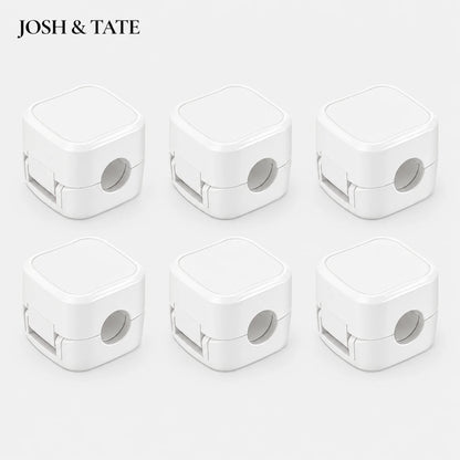 Josh & Tate - ClipCube™ Magnetic Cable Organizer - Six white pencil sharpeners arranged in two rows on a light gray background with 'JOSH & TATE' branding.