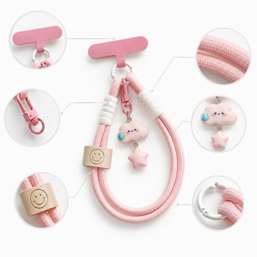 Josh & Tate - CloudStar™ Phone Lanyard - Pink elastic wrist strap keychain with a cloud and star charm, shown with circular detail insets highlighting the buckle, cord texture, clasp, and charm.