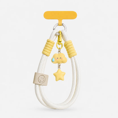 Josh & Tate - CloudStar™ Phone Lanyard - A white braided cord keychain or bag charm with yellow accents, featuring a small cloud charm with a blue tear drop, a yellow star, and yellow wrapped cord sections, shown on a light gray background.