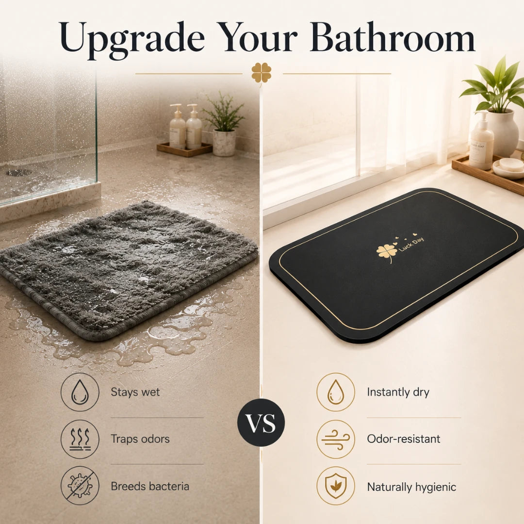 Josh & Tate - CloverDry™ Diatomite Bath Mat - Comparison of gray and black bath mats with text highlighting features on a bathroom floor.