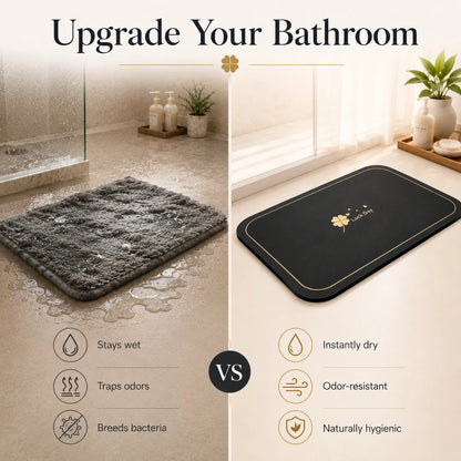 Josh & Tate - CloverDry™ Diatomite Bath Mat - Comparison of gray and black bath mats with text highlighting features on a bathroom floor.