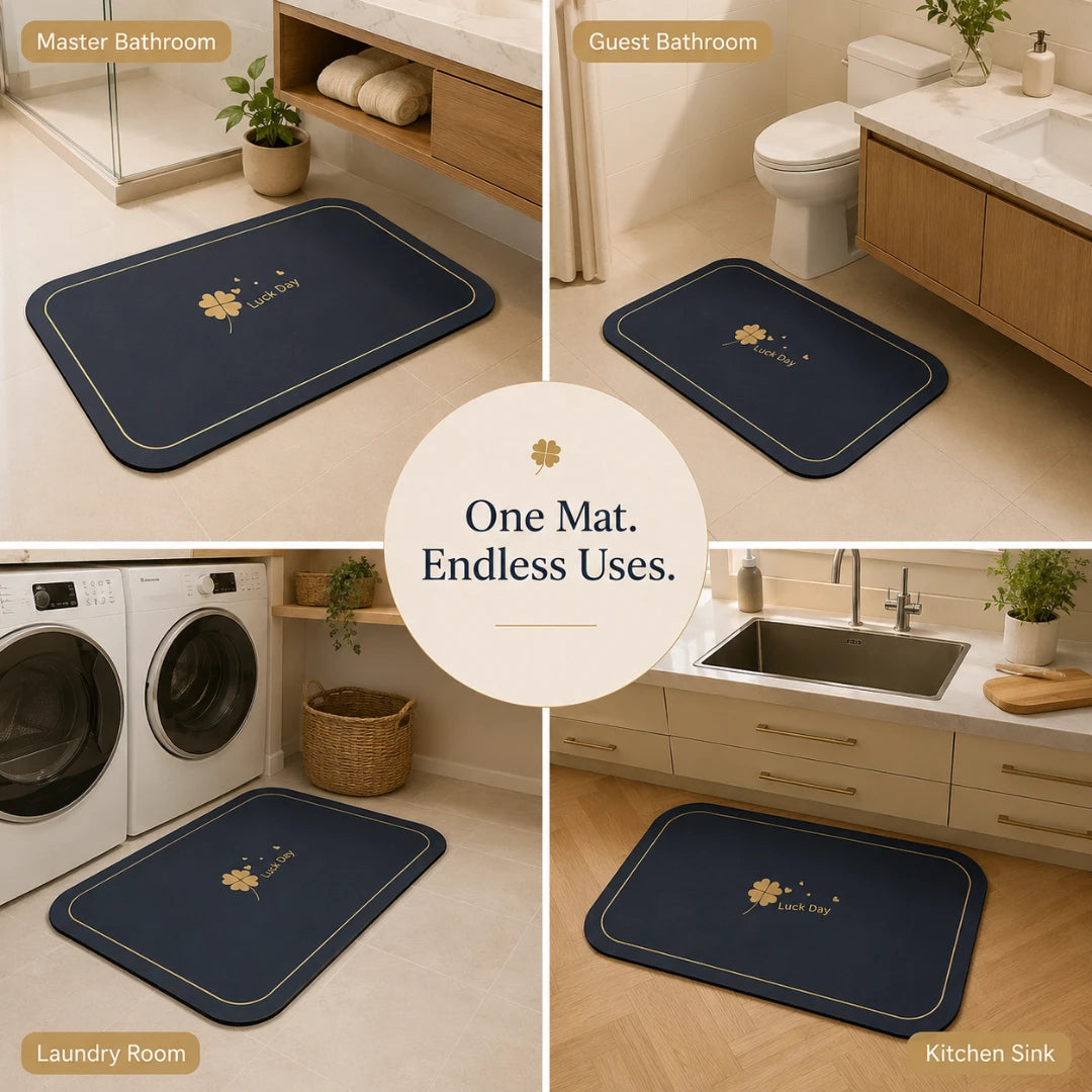 Josh & Tate - CloverDry™ Diatomite Bath Mat - Navy blue bath mat with a brand logo displayed in various bathroom settings.