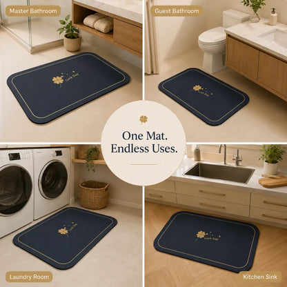 Josh & Tate - CloverDry™ Diatomite Bath Mat - Navy blue bath mat with a brand logo displayed in various bathroom settings.