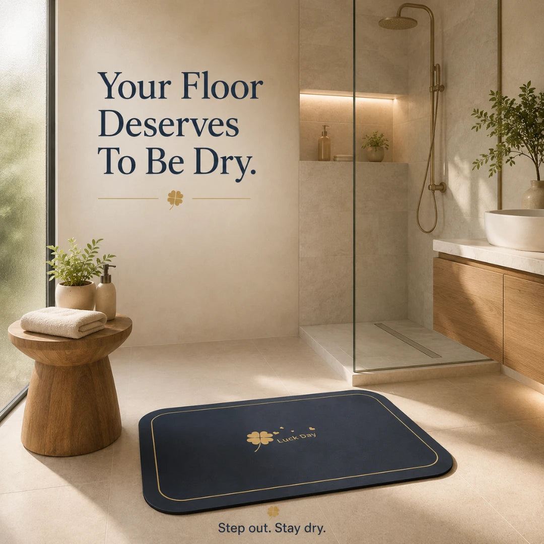 Josh & Tate - CloverDry™ Diatomite Bath Mat - Bathroom with a blue bath mat, wooden stool, and shower area with text 'Your Floor Deserves To Be Dry'.