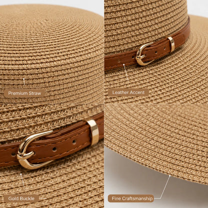 Josh & Tate - CoastBuckle™ Flat-Top Straw Hat - A beige woven straw hat shown in a four-panel close-up collage highlighting details: the straw texture, a brown leather band, a gold-tone buckle, and fine craftsmanship.