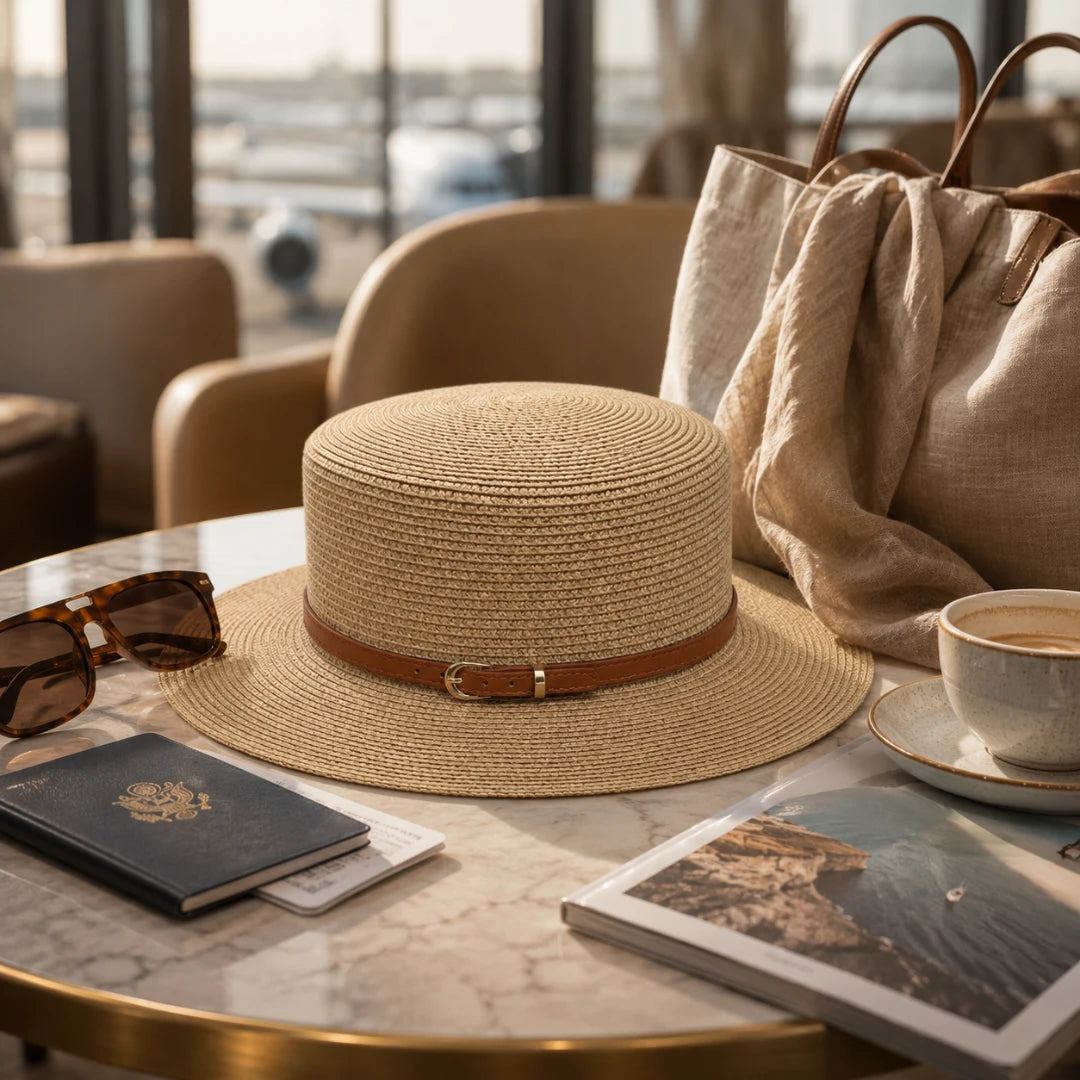 Josh & Tate - CoastBuckle™ Flat-Top Straw Hat - A woven straw boater-style hat with a brown leather band and small gold-tone buckle sits on a marble table in a cafe setting, surrounded by sunglasses, a passport, a tote bag, a cup of coffee, and travel magazines.