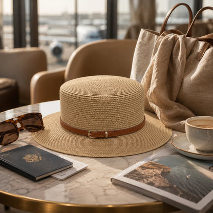 Josh & Tate - CoastBuckle™ Flat-Top Straw Hat - A woven straw boater-style hat with a brown leather band and small gold-tone buckle sits on a marble table in a cafe setting, surrounded by sunglasses, a passport, a tote bag, a cup of coffee, and travel magazines.