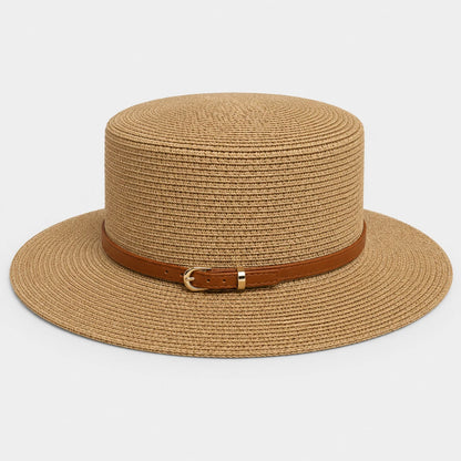 Josh & Tate - CoastBuckle™ Flat-Top Straw Hat - A light brown woven straw hat with a medium brown leather band and a gold-tone buckle, shown against a light gray background.