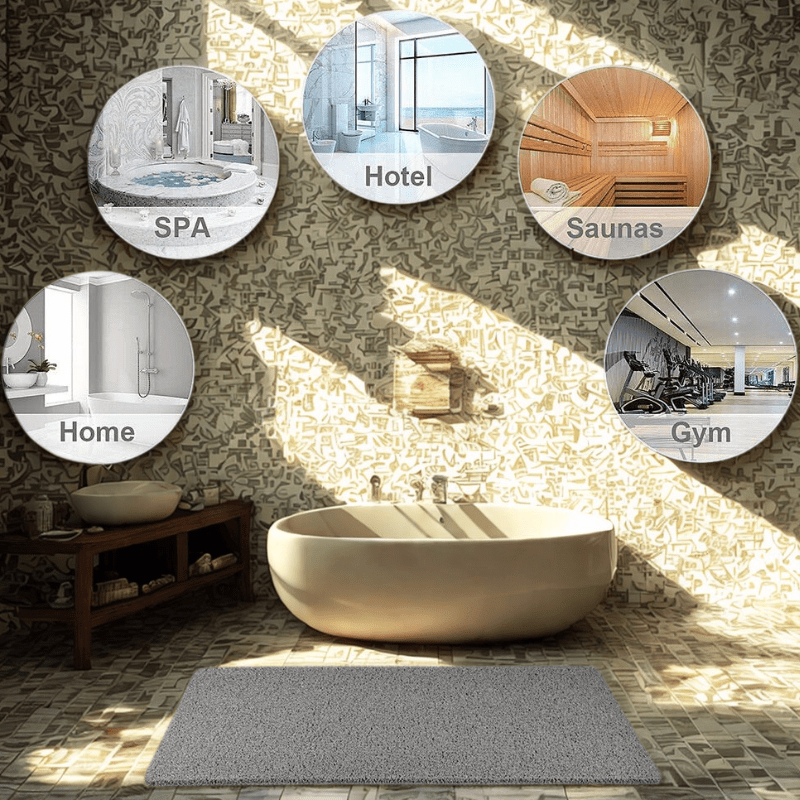 Bathroom with a large bathtub and circular images above it labeled Spa, Hotel, Saunas, Home, and Gym.