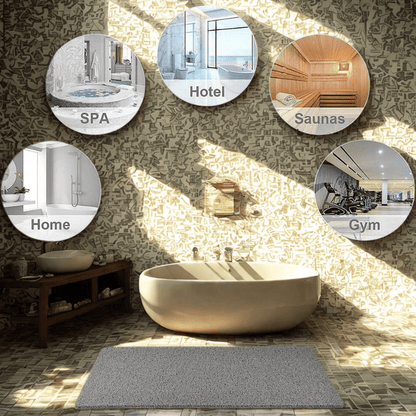 Bathroom with a large bathtub and circular images above it labeled Spa, Hotel, Saunas, Home, and Gym.