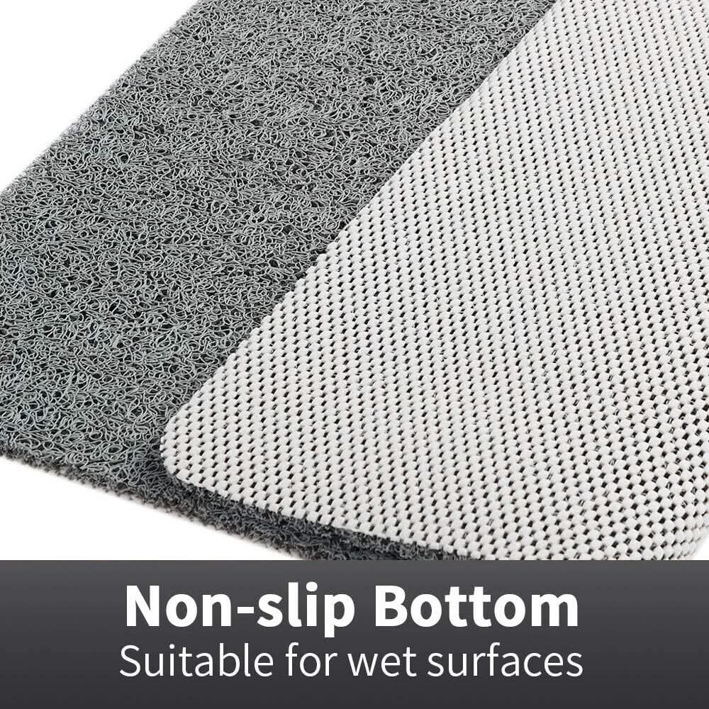 Textured gray and white mat with 'Non-slip Bottom Suitable for wet surfaces' text.