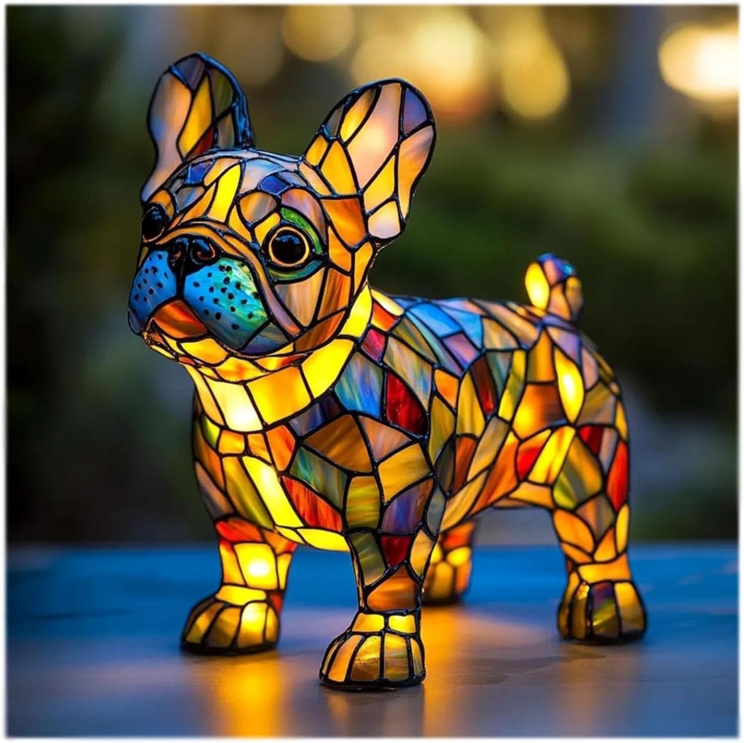 Colorful stained glass sculpture of a dog on a dark background