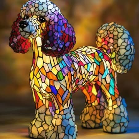 Colorful stained glass dog sculpture on a blurred background