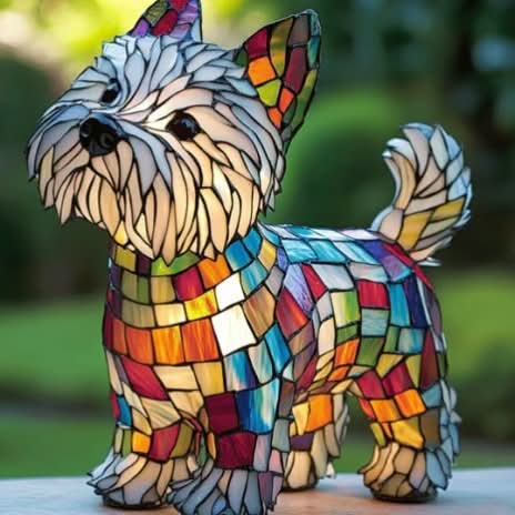 Colorful stained glass dog sculpture with a blurred green background
