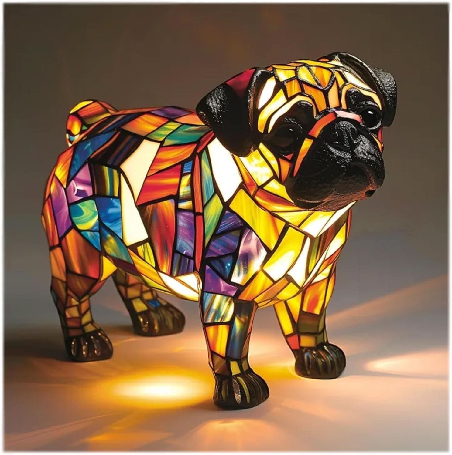 Colorful stained glass pug dog sculpture on a dark background
